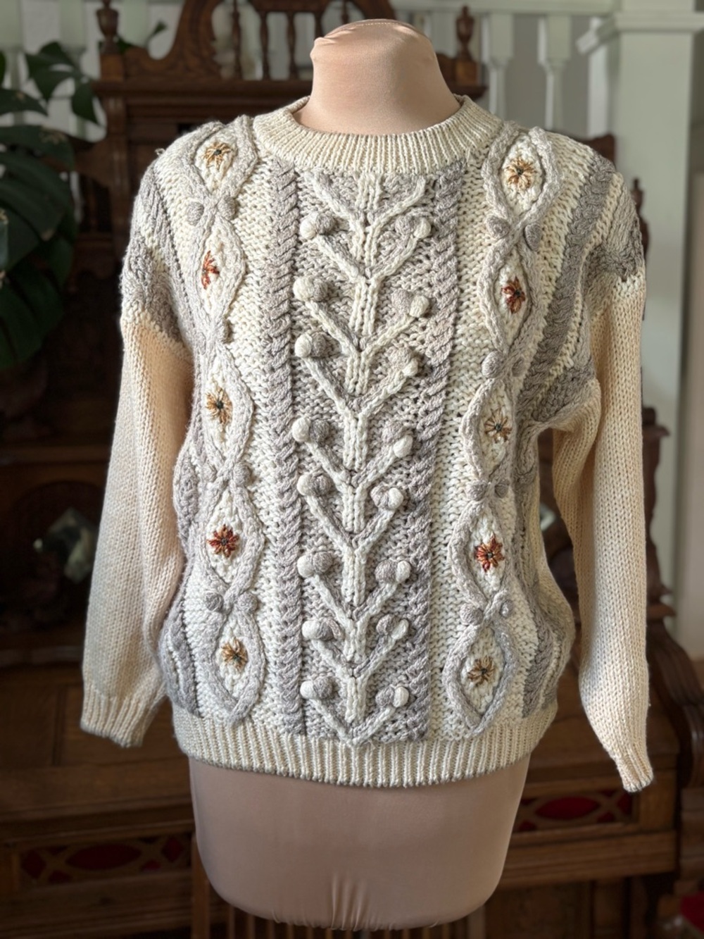Vintage Hand knitted Cream Cable Knit Sweater with Floral Accents Large